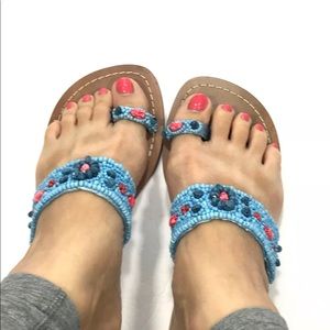 Beaded Toe Ring Sandals Blue Coral Sz 7